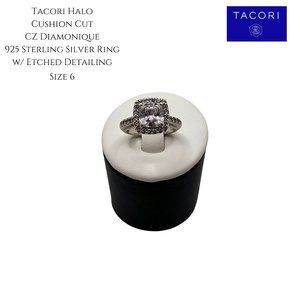 Tacori Halo Cushion Cut CZ Diamonique 925 Sterling Silver Etched Ring Size 6